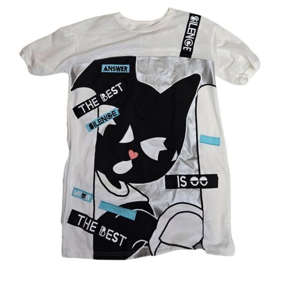 TOBY‎ BLACK A02 cat lovers white mesh jersey style unisex top shirt M - Picture 1 of 11